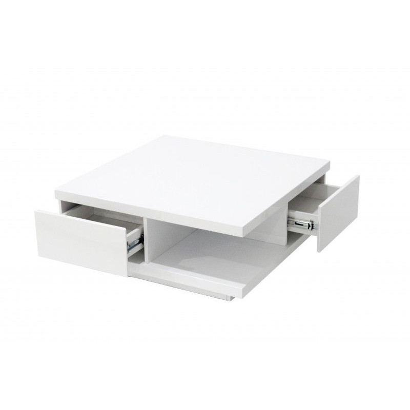 Table basse carrée design avec nombreux rangements collection ANYA. Couleur blanc brillant.