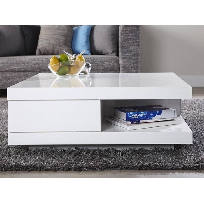 Table basse carrée design avec nombreux rangements collection ANYA. Couleur blanc brillant.