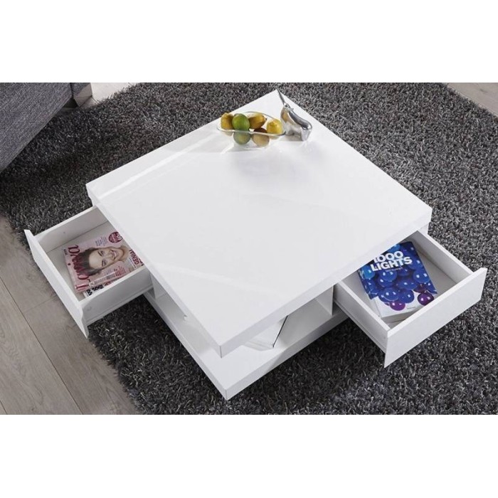 Table basse carrée design avec nombreux rangements collection ANYA. Couleur blanc brillant.