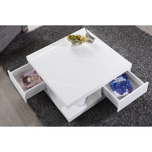 Table basse carrée design avec nombreux rangements collection ANYA. Couleur blanc brillant.