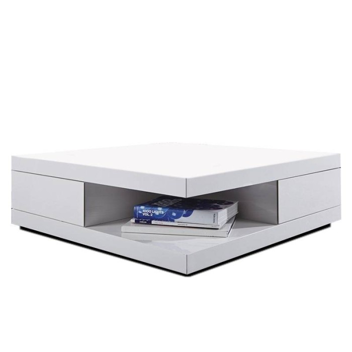 Table basse carrée design avec nombreux rangements collection ANYA. Couleur blanc brillant.