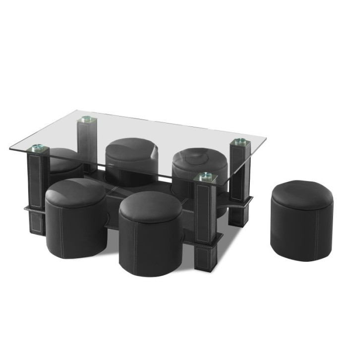 Table basse avec 6 poufs collection JULIA. Meuble type CONTEMPORAIN coloris noir