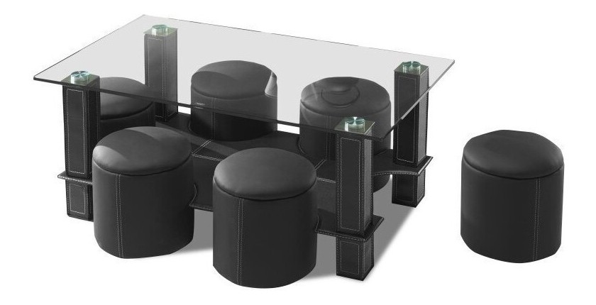 Table basse avec 6 poufs collection JULIA. Meuble type CONTEMPORAIN coloris noir