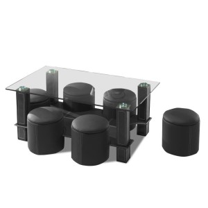 Table basse avec 6 poufs collection JULIA. Meuble type CONTEMPORAIN coloris noir