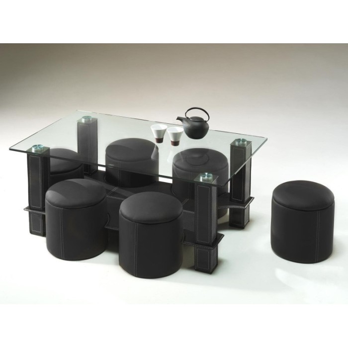 Table basse avec 6 poufs collection JULIA. Meuble type CONTEMPORAIN coloris noir