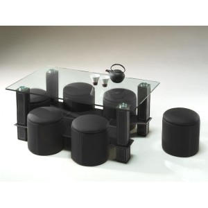 Table basse avec 6 poufs collection JULIA. Meuble type CONTEMPORAIN coloris noir