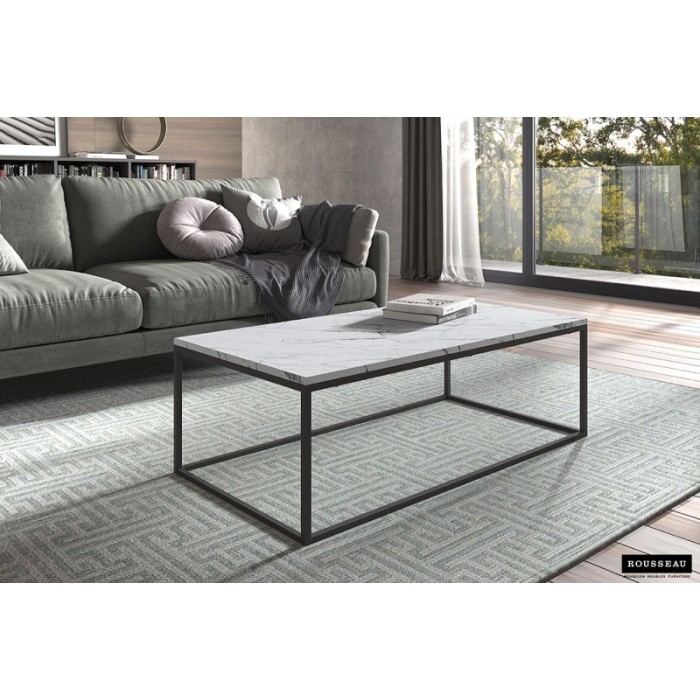 Table basse collection OREGON. Meuble style industriel effet marbre blanc.