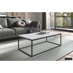 Table basse collection OREGON. Meuble style industriel effet marbre blanc.