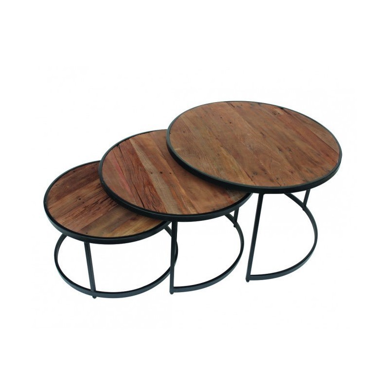 Table basse gigogne ronde en bois massif collection LENOX. Meuble style industriel