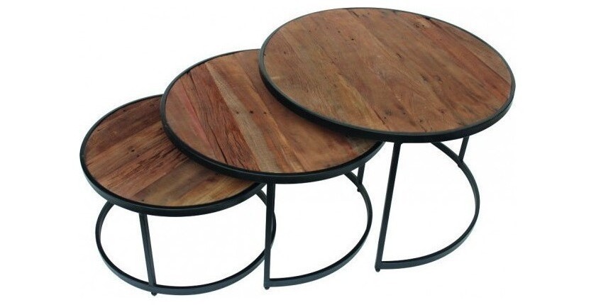 Table basse gigogne ronde en bois massif collection LENOX. Meuble style industriel