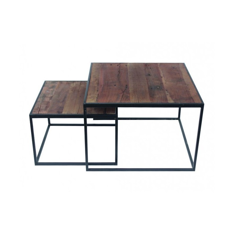 Table basse gigogne carrée en bois massif collection QUEEN. Meuble style industriel