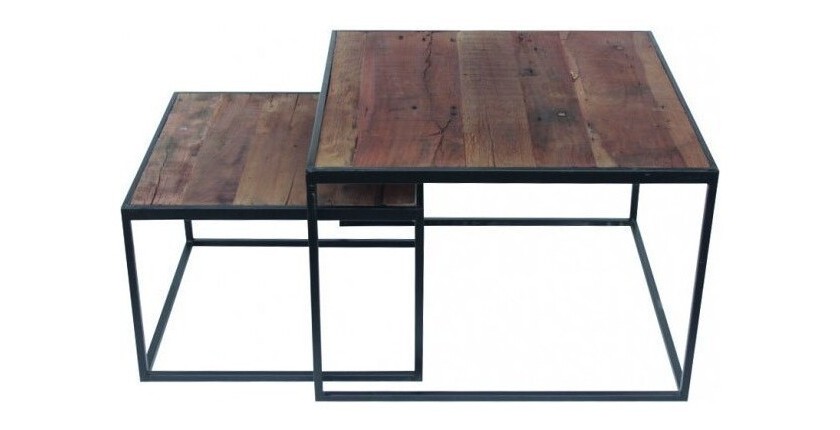 Table basse gigogne carrée en bois massif collection QUEEN. Meuble style industriel