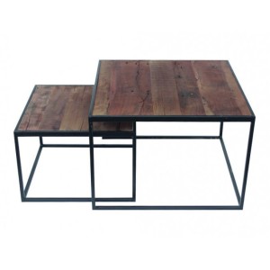 Table basse gigogne carrée en bois massif collection QUEEN. Meuble style industriel