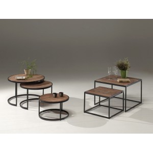 Table basse gigogne carrée en bois massif collection QUEEN. Meuble style industriel