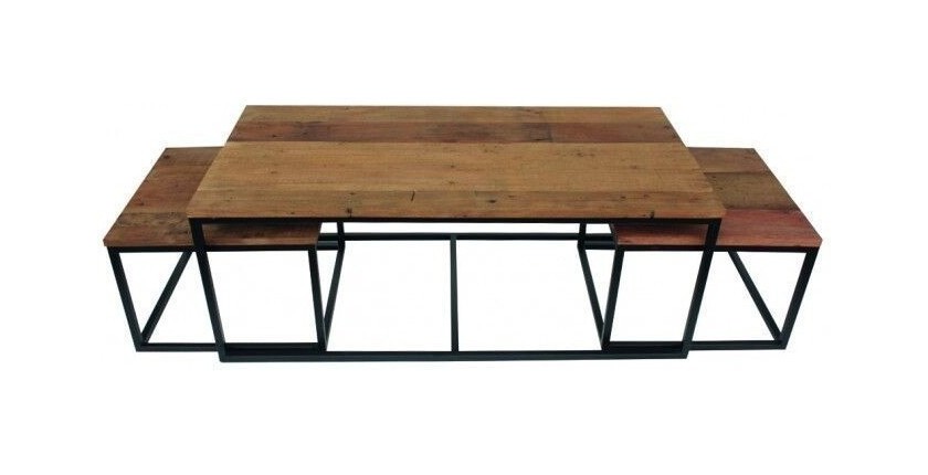 Table d'appoint style industriel HELLINGTON effet chêne foncé - Table basse - Ensemble 3 pièces