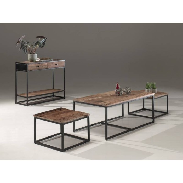 Table d'appoint style industriel HELLINGTON effet chêne foncé - Table basse - Ensemble 3 pièces