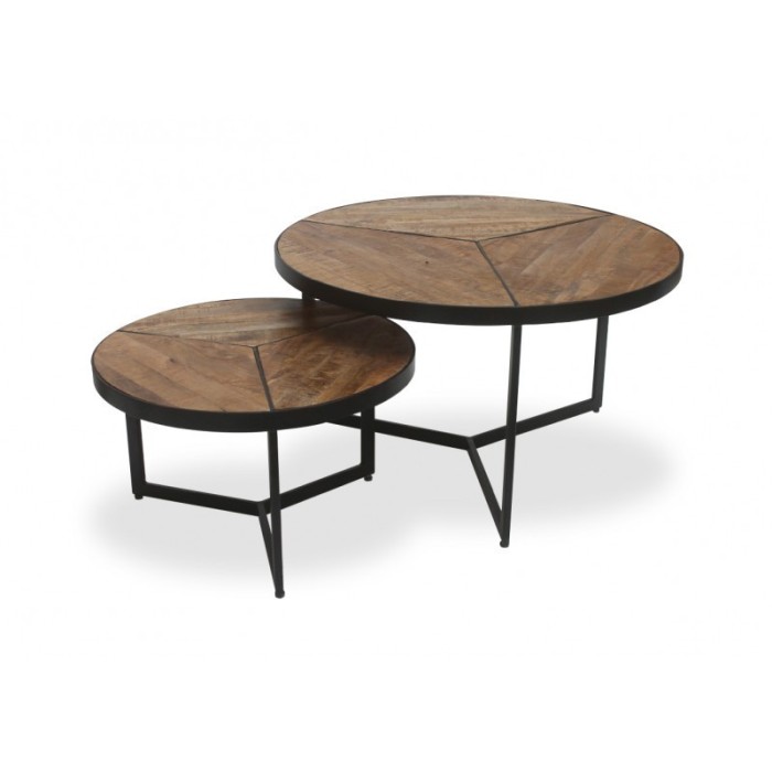 Table basse gigogne ronde en bois massif exotique collection LAVE. Meuble style industriel