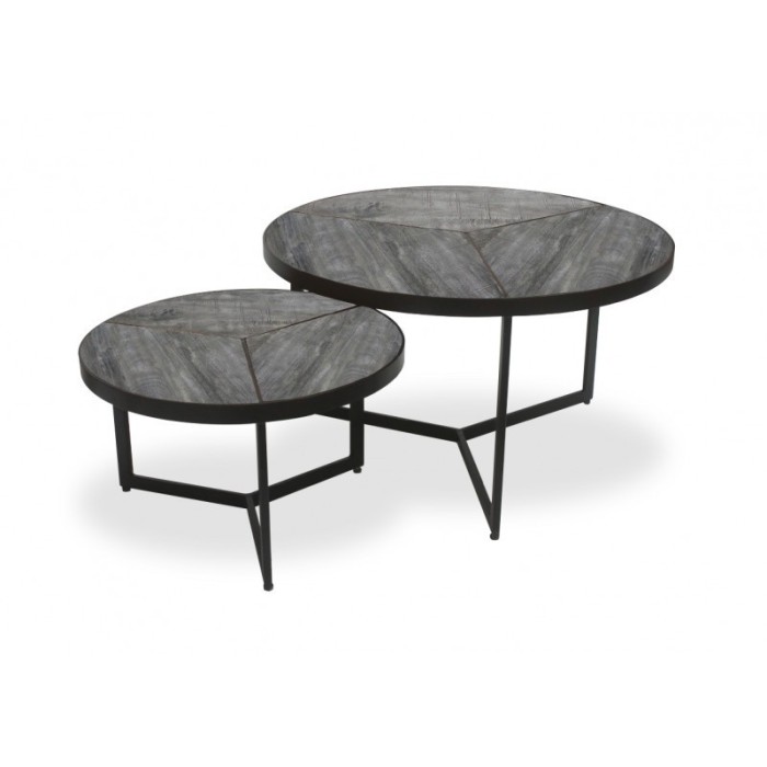 Table basse gigogne ronde en bois massif exotique. finition grise sablée collection LAVE.