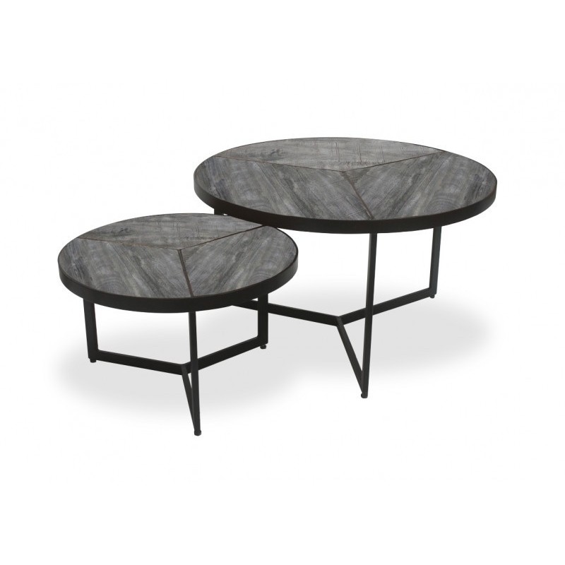 Table basse gigogne ronde en bois massif exotique. finition grise sablée collection LAVE.