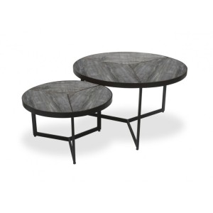 Table basse gigogne ronde en bois massif exotique. finition grise sablée collection LAVE.
