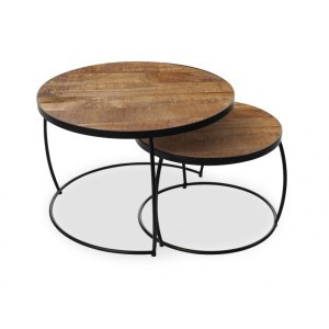 Table basse gigogne ronde en bois massif exotique collection LARSON. Meuble style industriel
