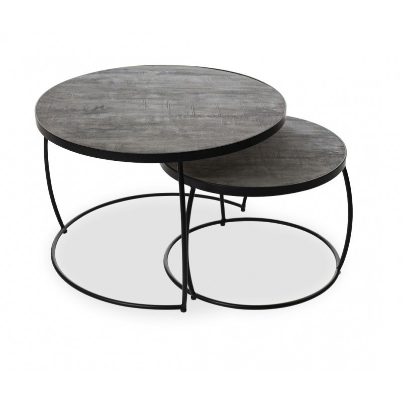 Table basse gigogne ronde en bois massif exotique. Finition grise. Collection LARSON.
