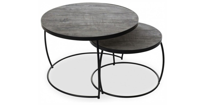 Table basse gigogne ronde en bois massif exotique. Finition grise. Collection LARSON.