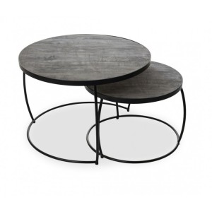 Table basse gigogne ronde en bois massif exotique. Finition grise. Collection LARSON.