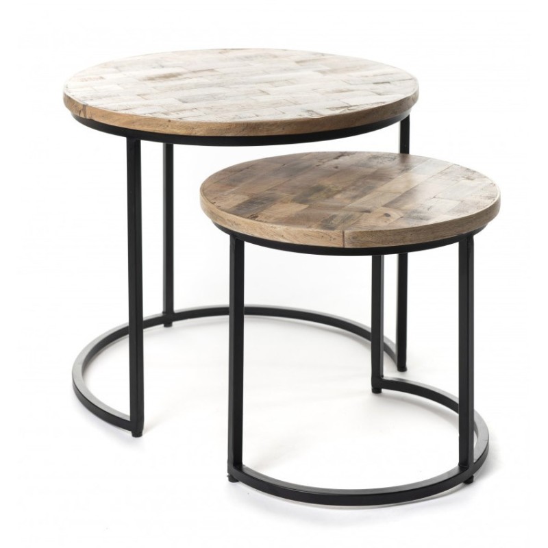 Table d'appoint gigogne ronde en bois massif collection SULIN. Meuble style industriel