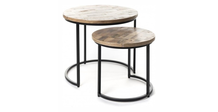 Table d'appoint gigogne ronde en bois massif collection SULIN. Meuble style industriel