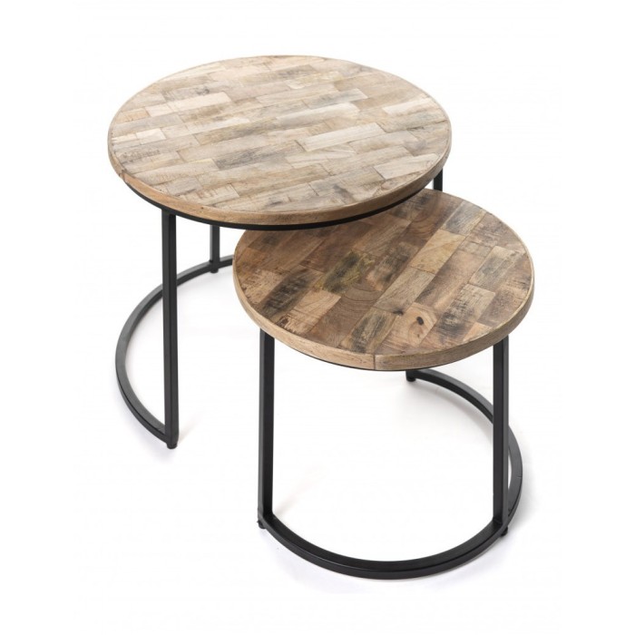 Table d'appoint gigogne ronde en bois massif collection SULIN. Meuble style industriel