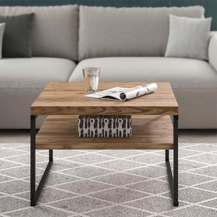 Table basse carrée style industriel collection ZOLA. Coloris épicéa et noir.