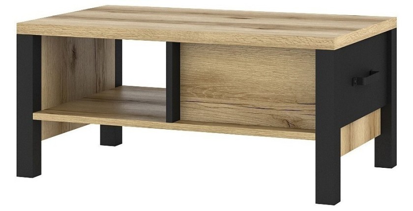 Table basse design collection DARWIN avec un tiroir et une niche. Couleur chêne clair et noir.
