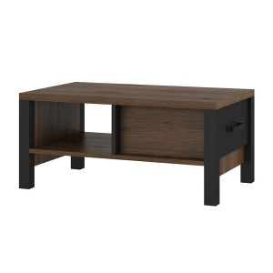 Table basse design collection DARWIN avec un tiroir et une niche. Couleur chêne foncé et noir.