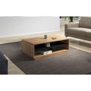Table basse couleur chêne et noir collection VILLA avec niches de rangement.