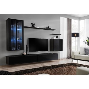 Ensemble meuble salon mural SWITCH XII design, coloris noir brillant.