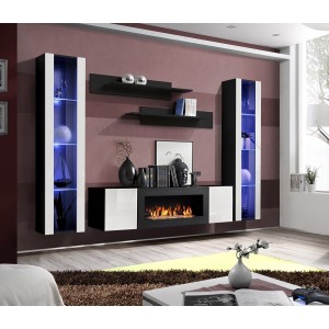 Ensemble de meubles suspendus avec cheminée décorative collection FLY M2. Coloris noir et blanc