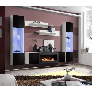 Ensemble de meubles suspendus avec cheminée décorative collection FLY M3. Coloris blanc et noir.