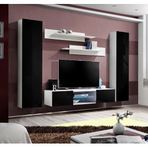Ensemble Meuble TV FLY O1 avec LED. Coloris blanc et noir. Meuble suspendu design pour votre salon.