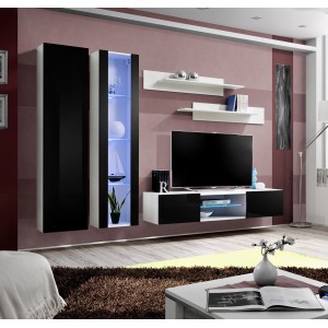 Ensemble Meuble TV FLY O4 avec LED. Coloris blanc et noir. Meuble suspendu design pour votre salon.