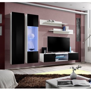 Ensemble Meuble TV FLY O5 avec LED. Coloris blanc et noir. Meuble suspendu design pour votre salon.