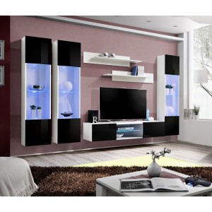 Ensemble Meuble TV FLY P3 avec LED. Coloris blanc et noir. Meubles suspendus design pour votre salon.