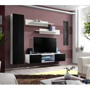 Ensemble Meuble TV FLY R1 avec LED. Coloris blanc et noir. Meuble suspendu design pour votre salon.