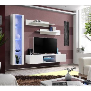 Ensemble Meuble TV FLY R2 avec LED. Coloris blanc. Meuble suspendu design pour votre salon.