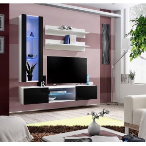 Ensemble Meuble TV FLY S2 avec LED. Coloris blanc et noir. Meuble suspendu design pour votre salon.