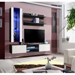 Ensemble Meuble TV FLY S2 avec LED. Coloris noir et blanc. Meuble suspendu design pour votre salon.