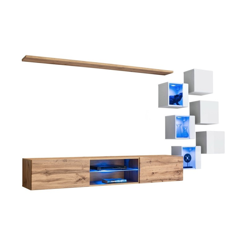 Ensemble meubles de salon SWITCH XXI design, coloris chêne et blanc.