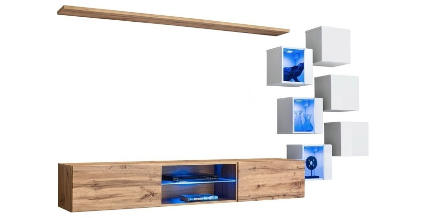 Ensemble meubles de salon SWITCH XXI design, coloris chêne et blanc.