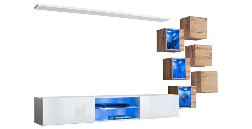 Ensemble meubles de salon SWITCH XXI design, coloris blanc et chêne.