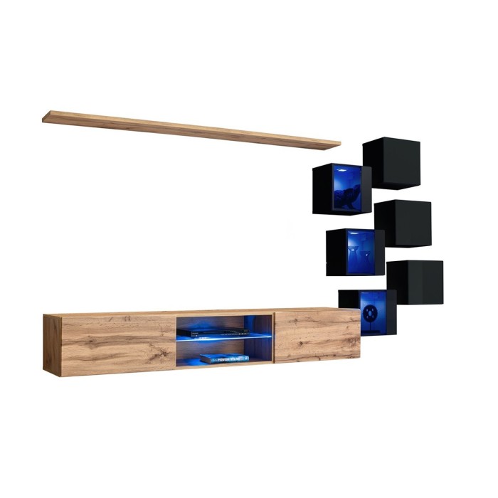 Ensemble meubles de salon SWITCH XXI design, coloris chêne et noir.